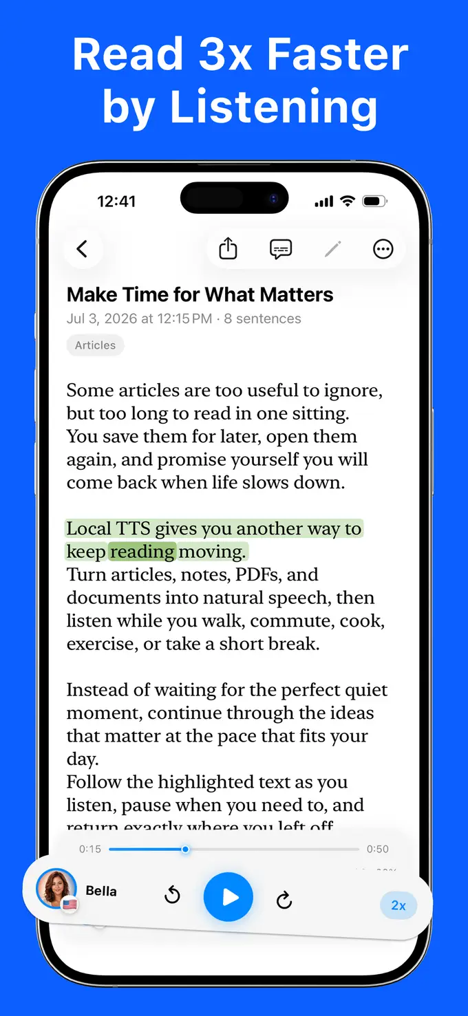 Local TTS reading text aloud with synchronized word highlighting on iPhone